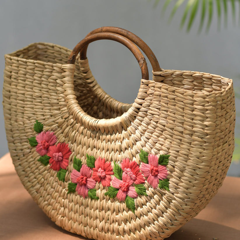 Túi Xách Cỏ Kouna Dáng Chữ U Thêu Hoa Văn