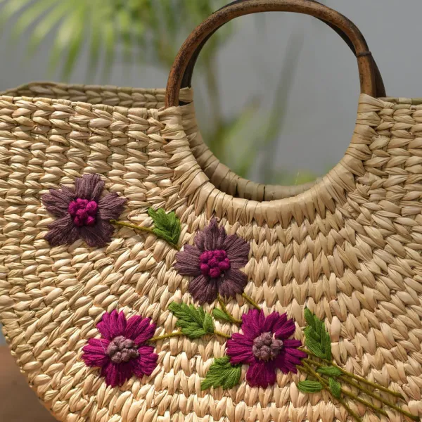 Túi Xách Cỏ Kouna Dáng Chữ U Thêu Hoa Văn