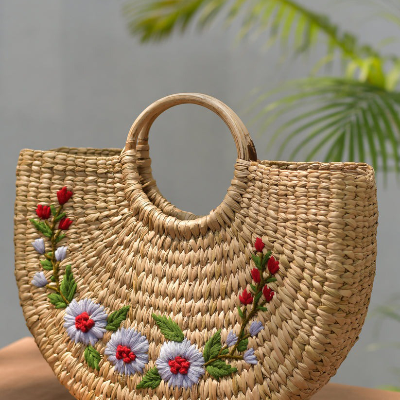 Túi Xách Cỏ Kouna Dáng Chữ U Thêu Hoa Văn