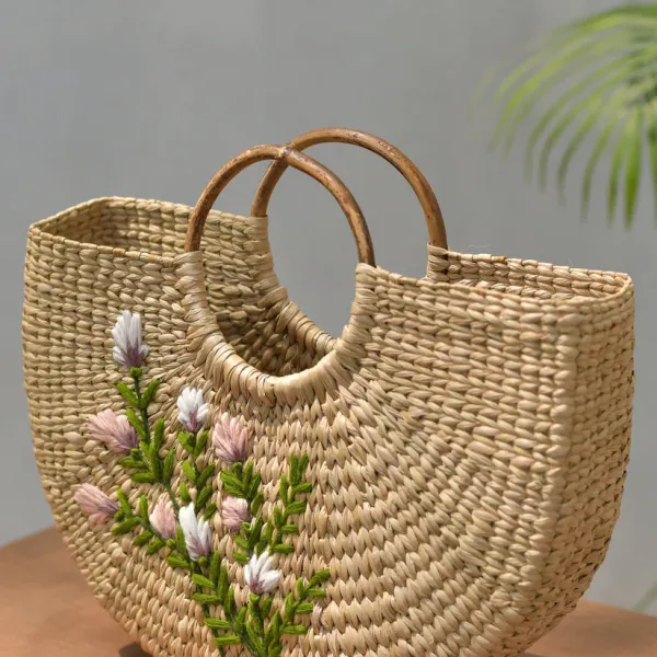 Túi Xách Cỏ Kouna Dáng Chữ U Thêu Hoa Văn