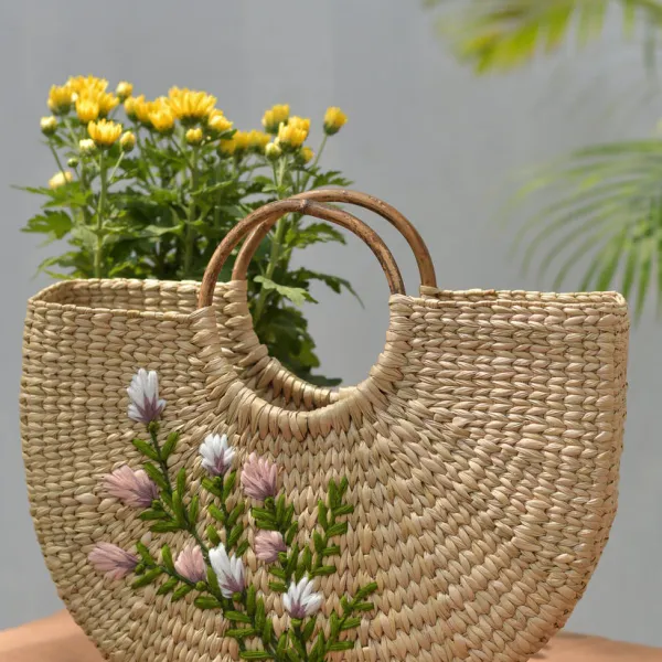 Túi Xách Cỏ Kouna Dáng Chữ U Thêu Hoa Văn