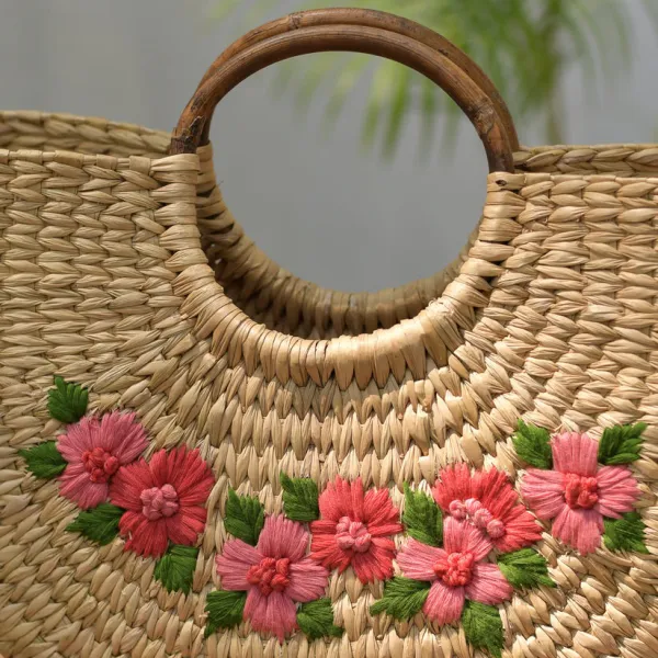 Túi Xách Cỏ Kouna Dáng Chữ U Thêu Hoa Văn