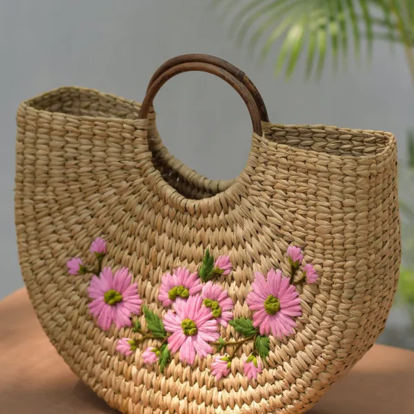 Túi Xách Cỏ Kouna Dáng Chữ U Thêu Hoa Văn