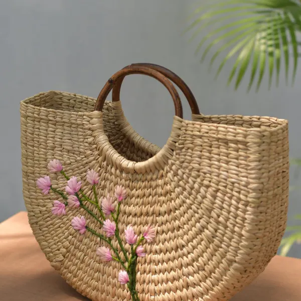 Túi Xách Cỏ Kouna Dáng Chữ U Thêu Hoa Văn