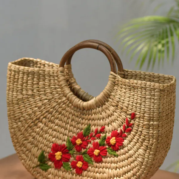 Túi Xách Cỏ Kouna Dáng Chữ U Thêu Hoa Văn