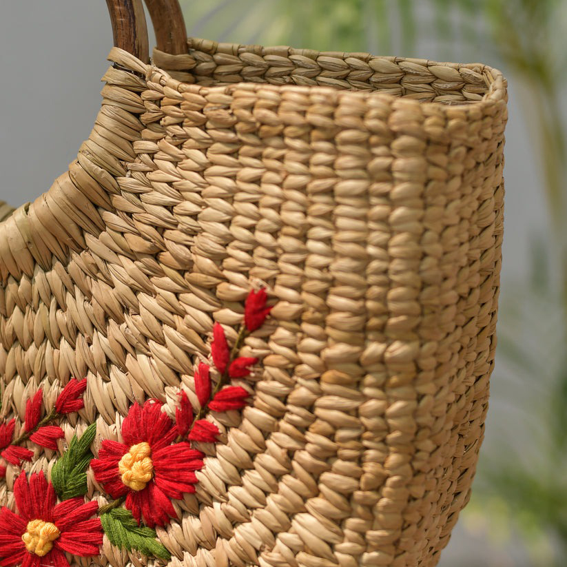 Túi Xách Cỏ Kouna Dáng Chữ U Thêu Hoa Văn